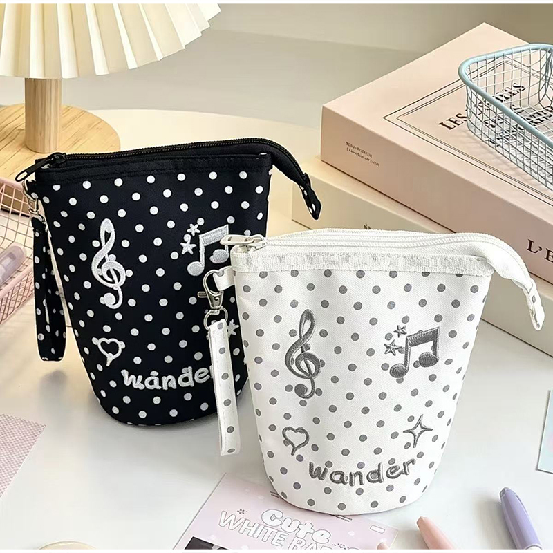 Pencil Case Large - Kawaii Polka Dot Music Note Embroidery